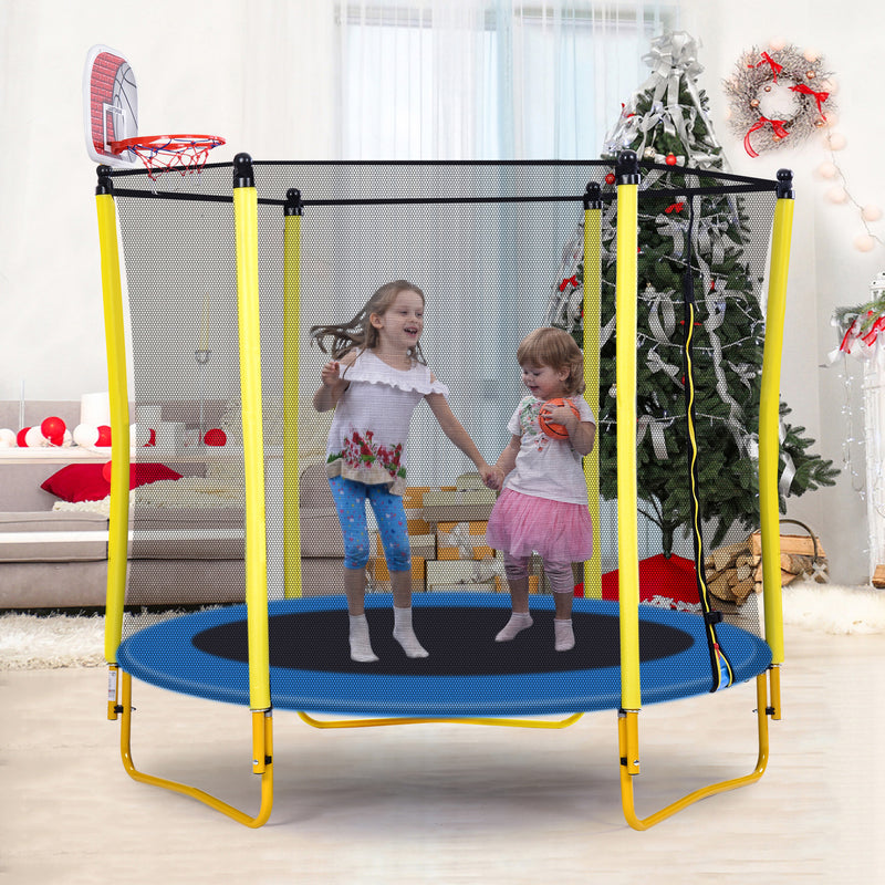 BUG HULL Trampoline for Kids with Basketball Hoop Rubber Ball and Safety Enclosure Net 5.5FT Mini Toddler Trampoline