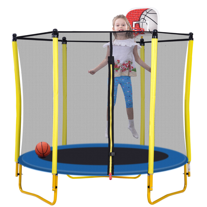 BUG HULL Trampoline for Kids with Basketball Hoop Rubber Ball and Safety Enclosure Net 5.5FT Mini Toddler Trampoline