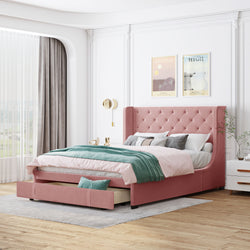 BUG HULL Queen Size Velvet Upholstered Platform Bed with a Big Storage Drawer and Wingback Headboard