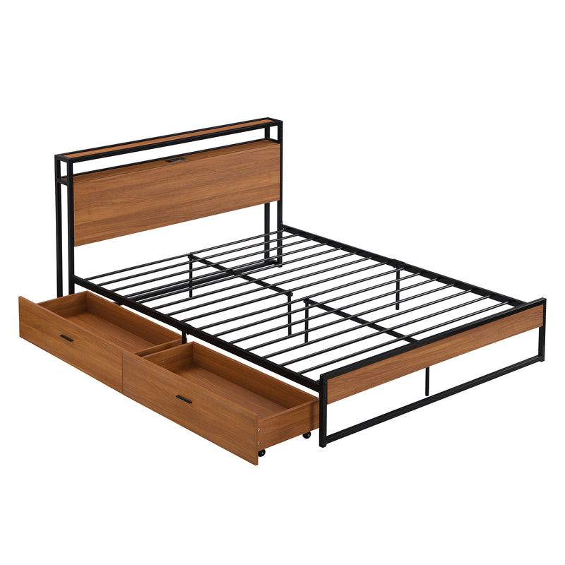 BUG HULL Platform Bed Frame with Wooden Headboard and Footboard Heavy Duty Metal Platform Mattress Foundation